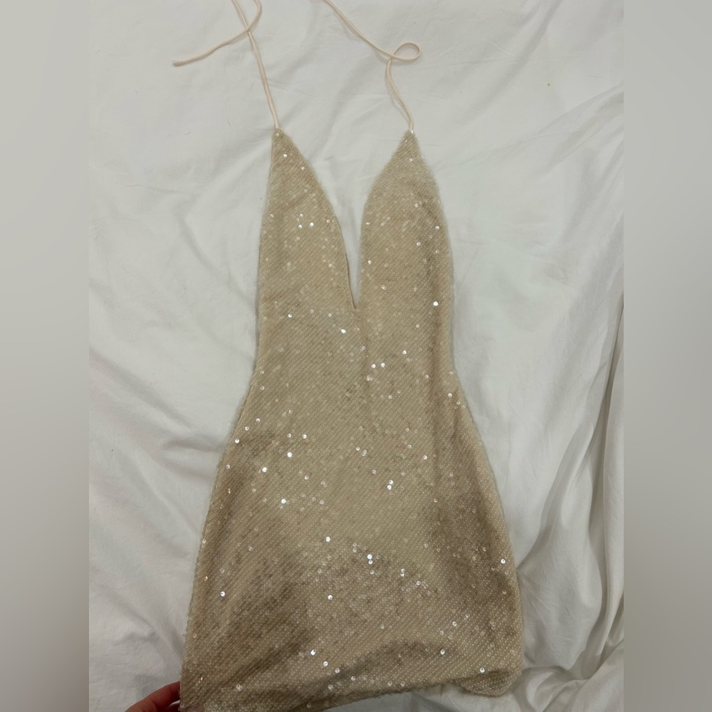 Sequin Beige Plunge V-Neck Cami Top
